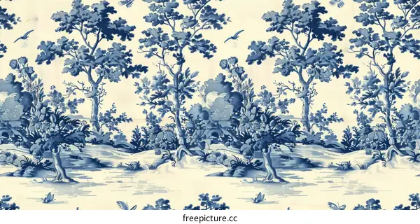 Blue and White Toile de Jouy Chinoiserie Pattern