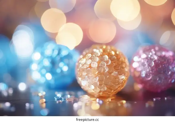 Group of Three Christmas Balls with Blurred Lights in the Background