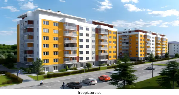 Modern Apartment Buildings with Balconies and Parking Spaces