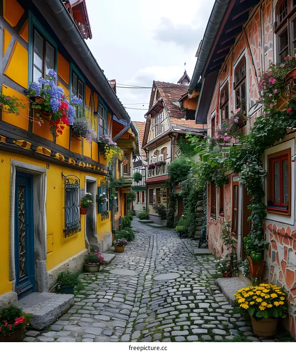 A narrow street with colorful half-timbered houses and cobblestone pavement