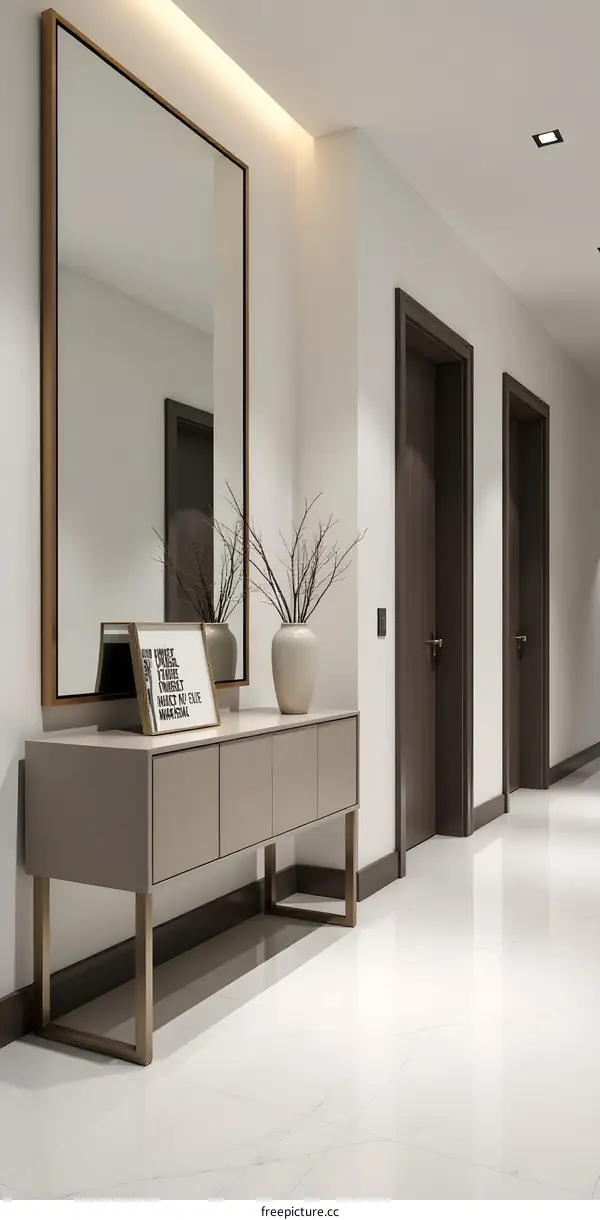 Modern Hallway Entryway with Large Mirror