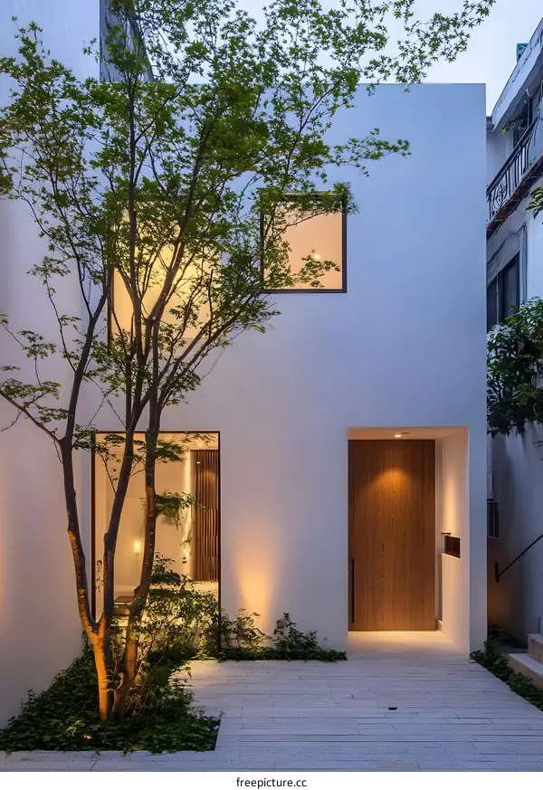 Modern White House with Greenery and Wooden Door