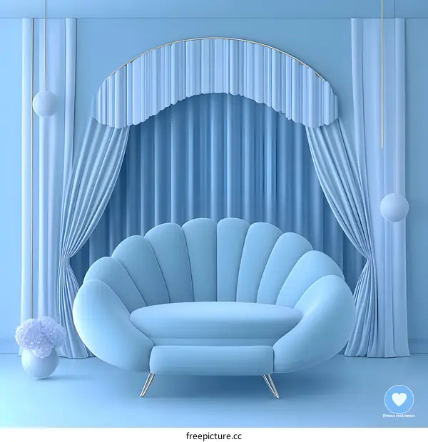 Blue Minimalist Interior Design with Shell Shaped Sofa