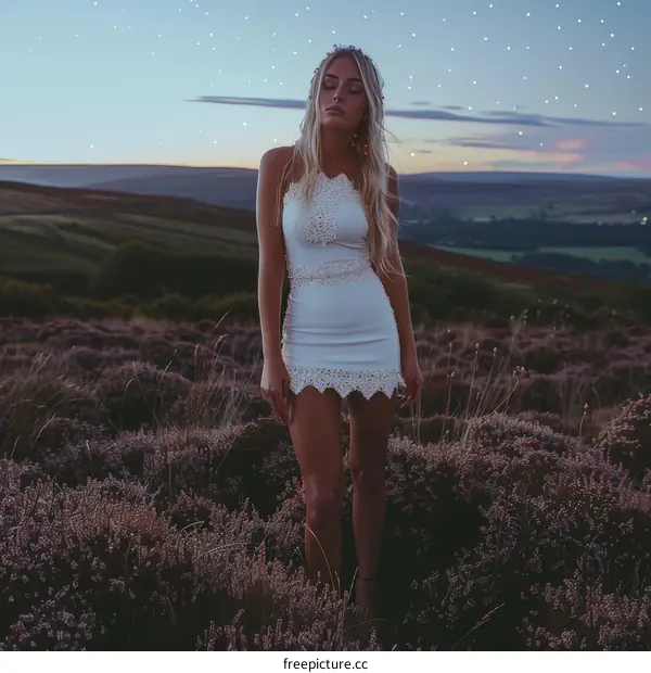 Blonde woman standing in a field of purple flowers wearing a white dress