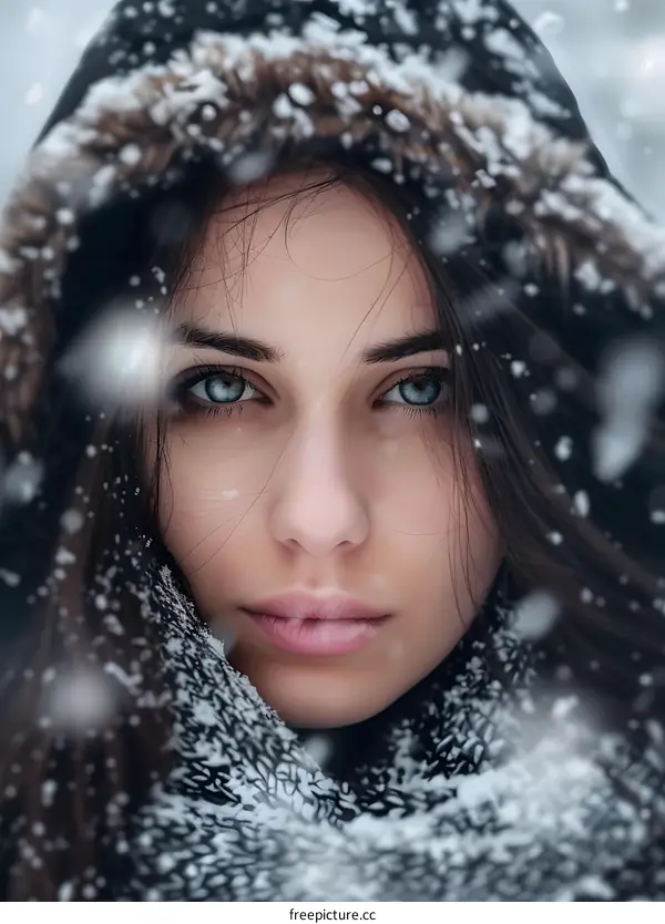 Woman in Winter with Snow Falling on Her