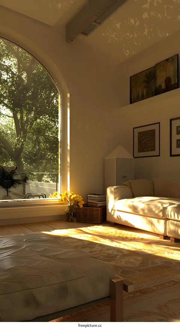 Sunlight shining through a large window onto a bed and a couch