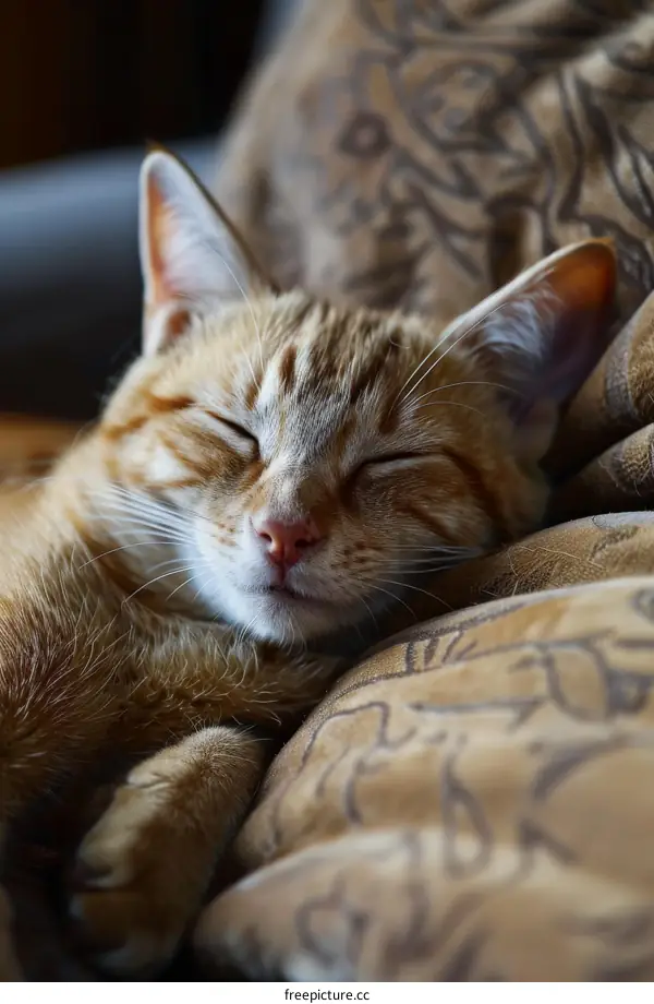 A ginger cat is sleeping on a brown patterned blanket