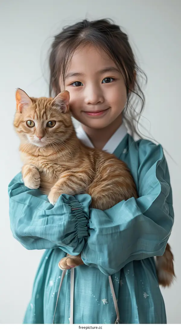 Little Asian girl hugging an orange cat