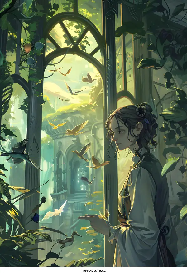 Woman in Garden with Birds and a Stone Building