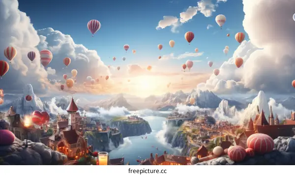 Fantasy Landscape with Castle, Mountains, River, and Hot Air Balloons