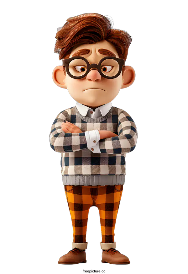 [Transparent Background PNG]3D cartoon character of a boy wearing glasses and a plaid sweater vest