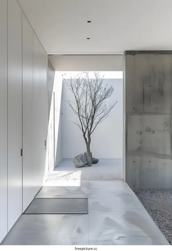 Minimalist Interior Design with White Walls and a Small Courtyard