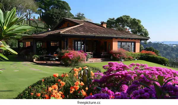 Colorful flowers in a beautiful garden with a house in the background