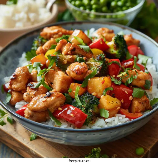 Chicken and vegetables stir fry with rice
