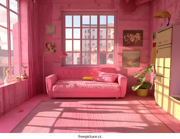 Pink Living Room Interior Design with Sofa and Window