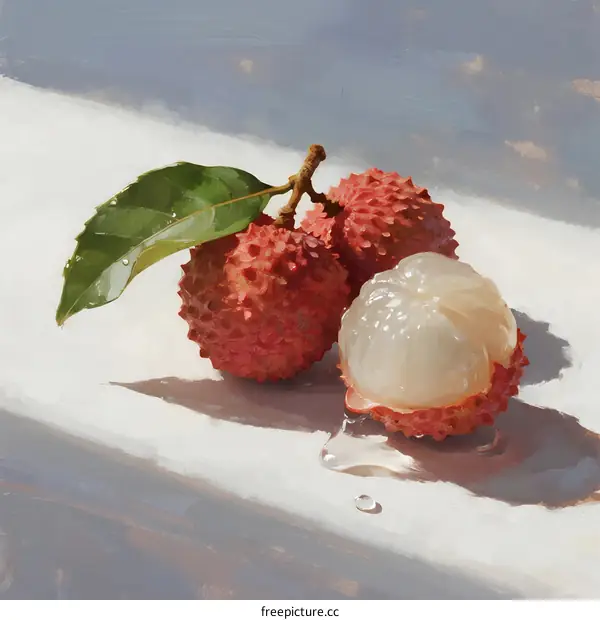 Fresh Lychee Fruits with Leaf and Juicy Flesh on White Surface