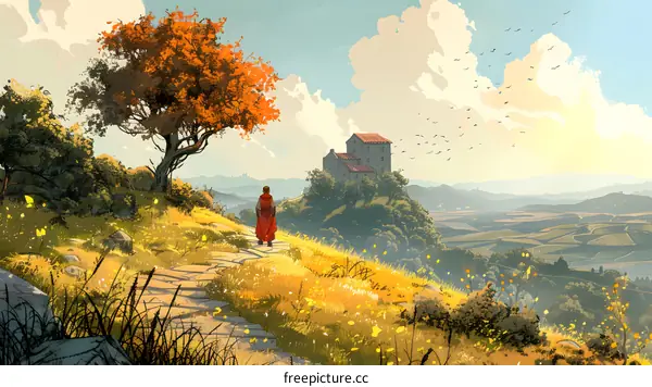 A lone traveler walks through a golden field towards a distant castle
