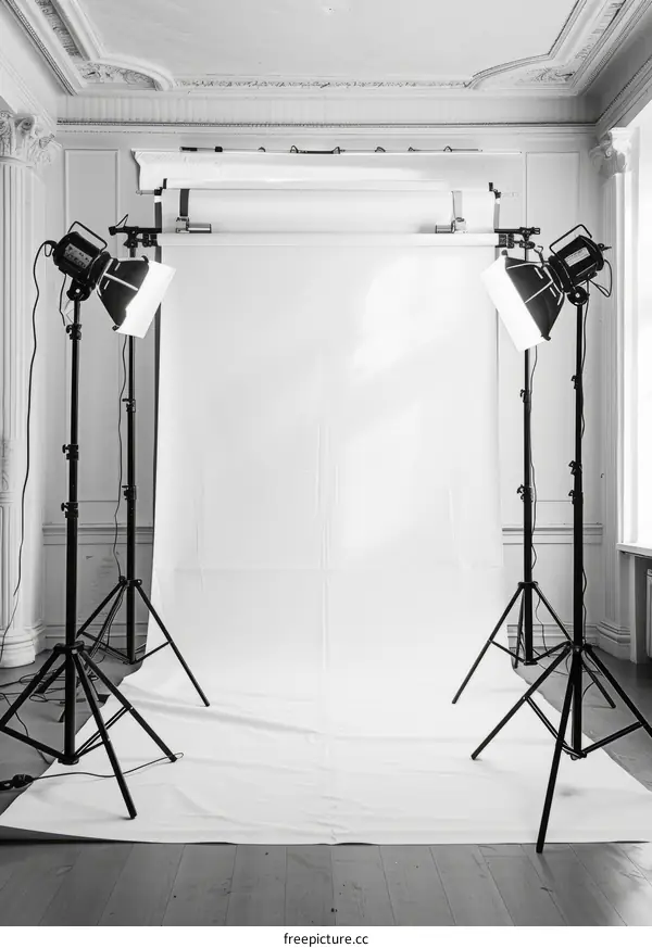 Black and white photo of a photo studio