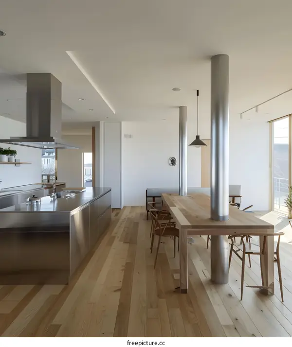 Modern Kitchen and Dining Room Interior Design with Stainless Steel Kitchen Island and Wooden Table