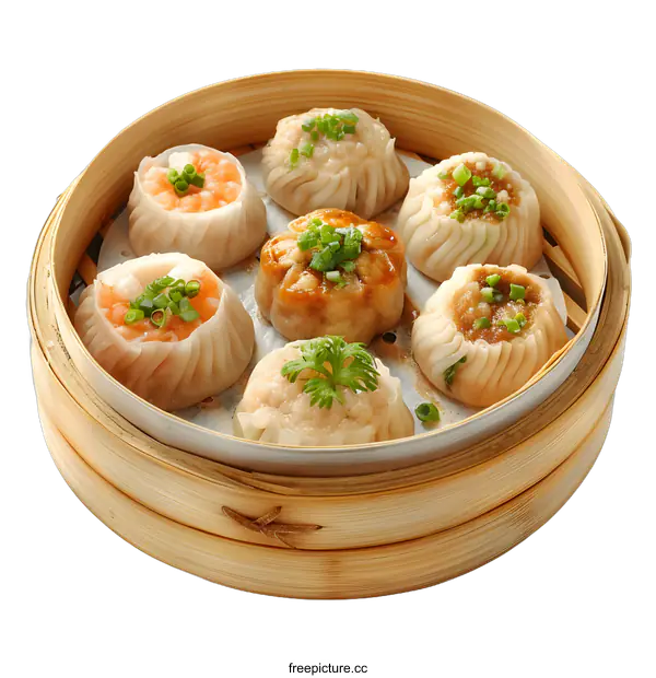 [Transparent Background PNG]Steamed Dumplings in Bamboo Steamer on White Background