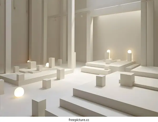 Minimalist White Interior Design with Geometric Shapes and Lamps