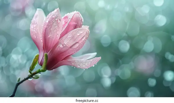 A beautiful magnolia flower with dew drops on its petals.
