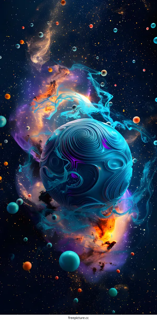 Blue planet in a colorful nebula