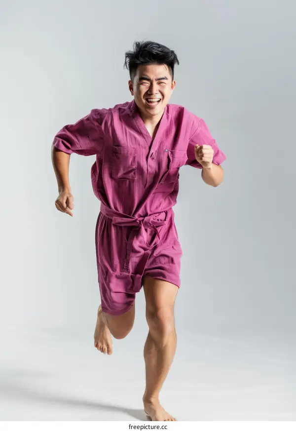 Asian man in pink romper running