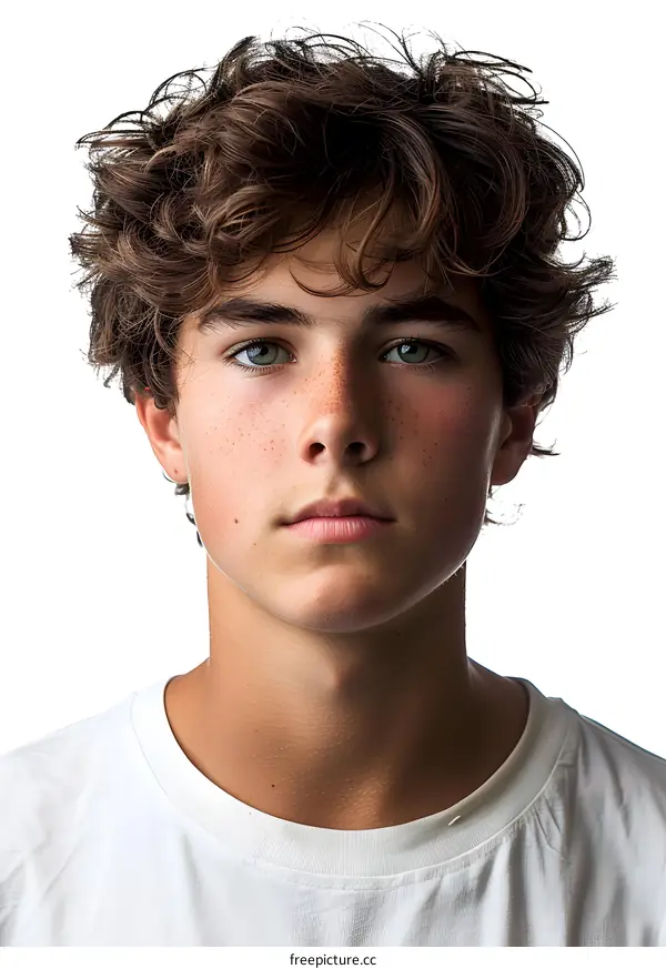 Portrait of a Young Man with Curly Hair and Freckles