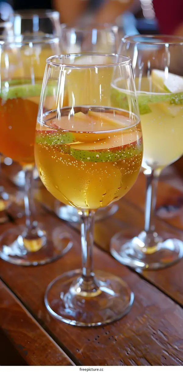 Sparkling Apple Cider in Wine Glasses on Wooden Table