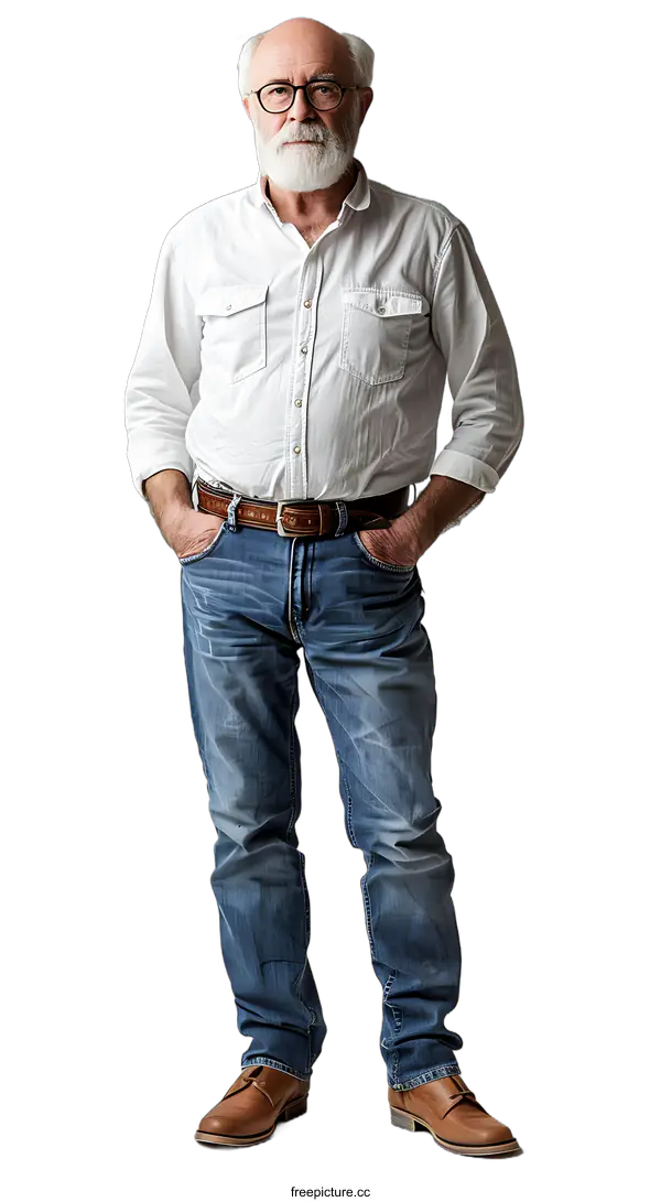 [Transparent Background PNG]An old man with white beard is posing in front of a white background