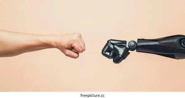 A human hand and a robotic hand bumping fists