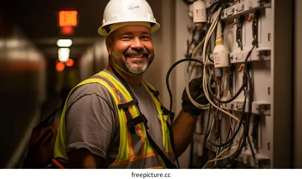 Hispanic worker wearing hardhat and safety vest in electrical room