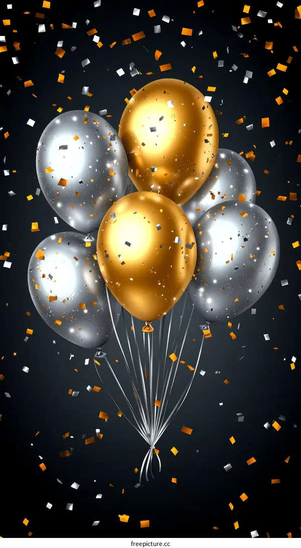 Shiny Gold and Silver Balloons with Confetti
