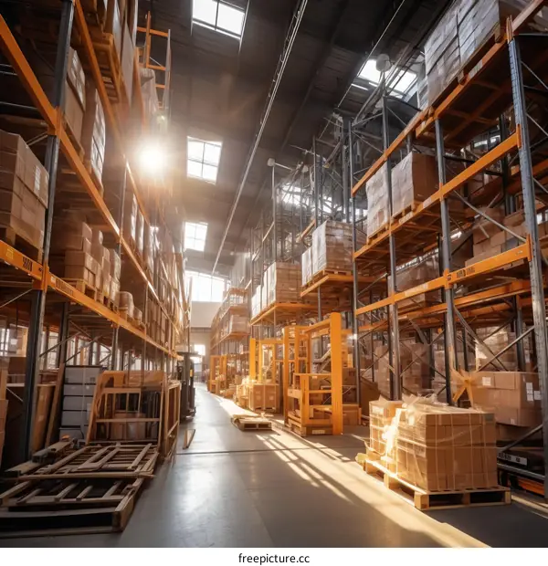 High-Bay Warehouse with Stacked Cardboard Boxes