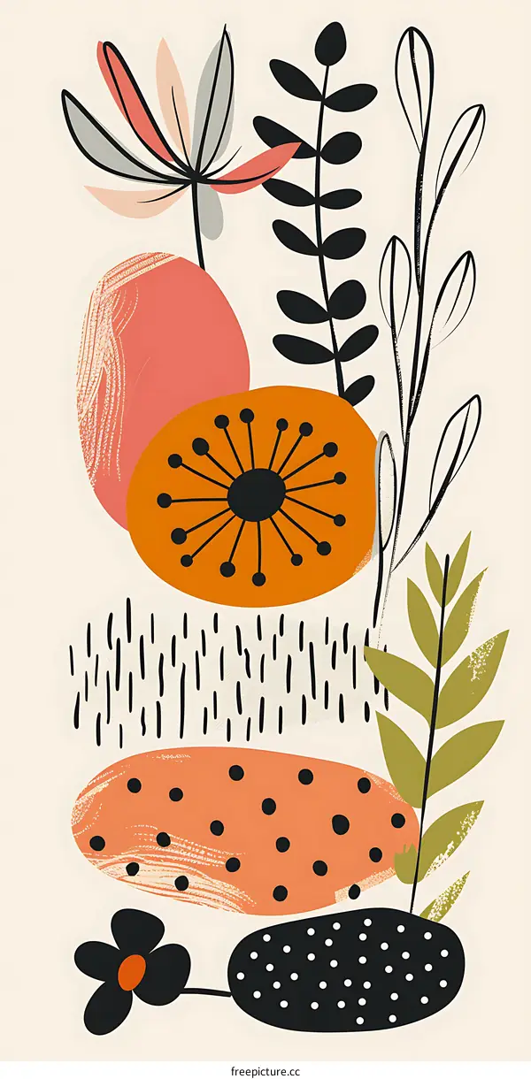 Abstract Floral Illustration with Bright Colors and Geometric Shapes