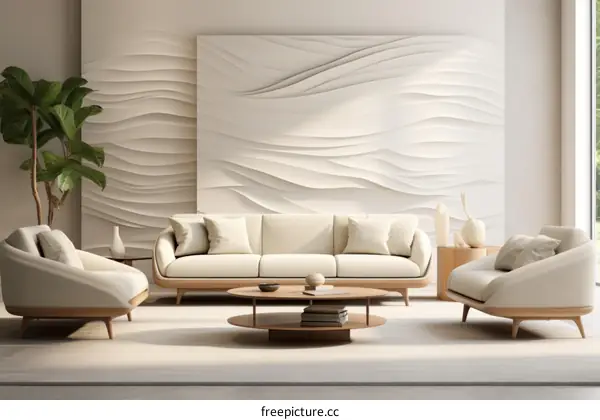 Modern living room interior design with curved furniture and 3d wall panel