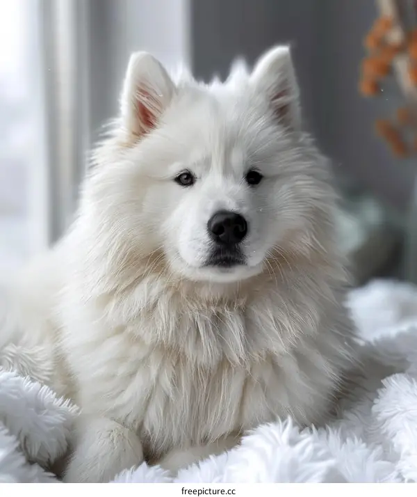 Fluffy White Samoyed Dog Relaxing on a Blanket
