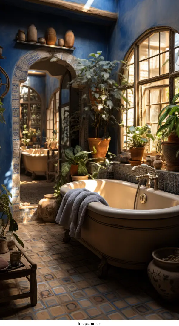 Blue Bathroom with Plants and Vintage Style