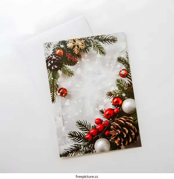 Christmas Card with Pine Branches and Ornaments