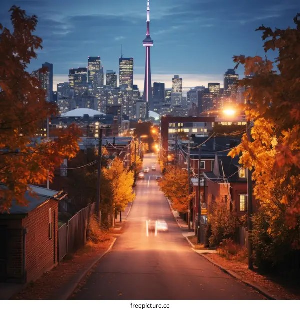 Toronto skyline at dusk with fall colors