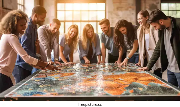 A group of people of various ethnicities are working together to put together a puzzle of the world map.