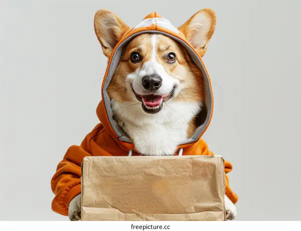 Dog in Orange Hoodie Holding Cardboard Box