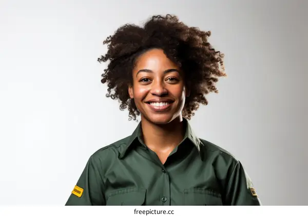 Portrait of a smiling young African-American woman in a green shirt