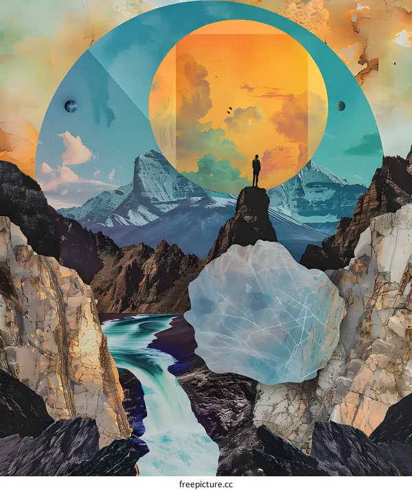 Abstract Collage Art with Mountains and a Waterfall