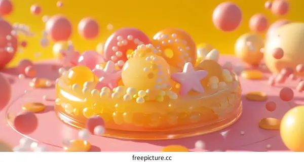 Abstract 3D Illustration of a Yellow Cake with Pink and White Decorations