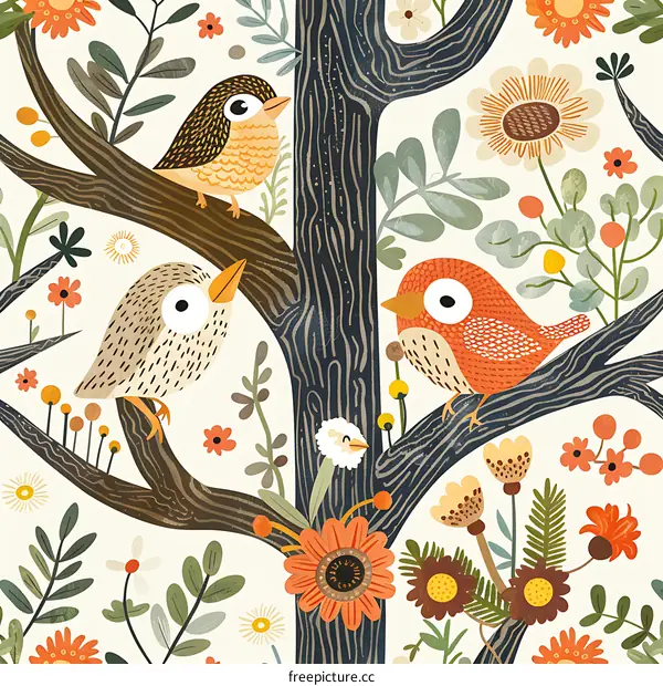 Illustrated Birds on Tree Branch with Flowers