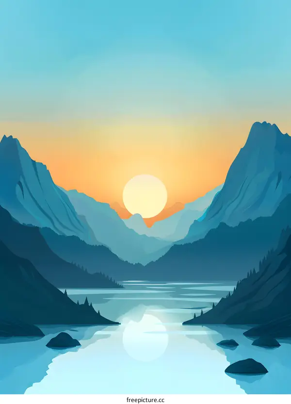Mountain Lake Sunset Landscape Illustration