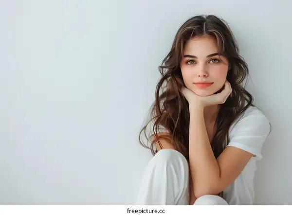 Portrait of a Young Woman Sitting in Front of a White Wall
