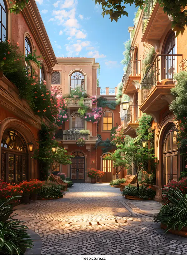 European courtyard with flowers and trees